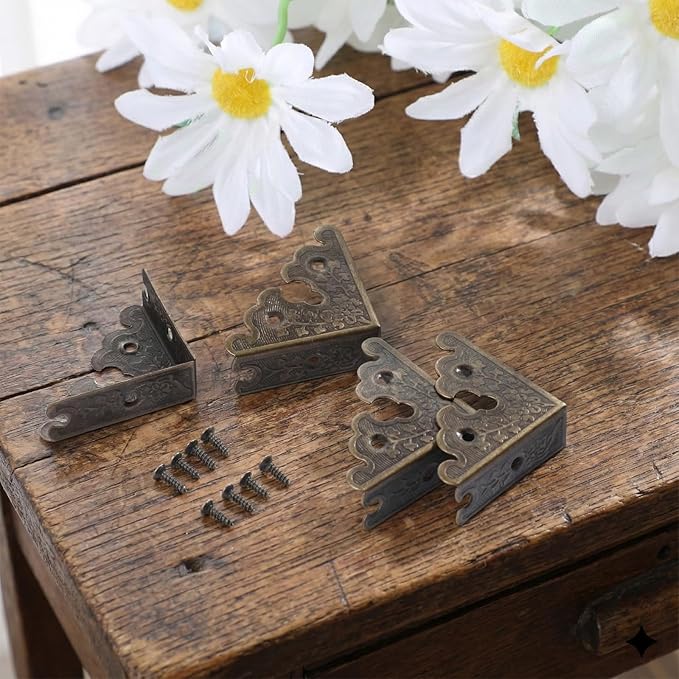 4 Pcs Decorative Corner Protectors 1.38" x 1.38" Retro Style Table Edge Guards Covers Vintage Furniture Corners with Mounting Screws Bronze Metal Bumpers for Picture Frame Jewelry Box Tables Cabinet