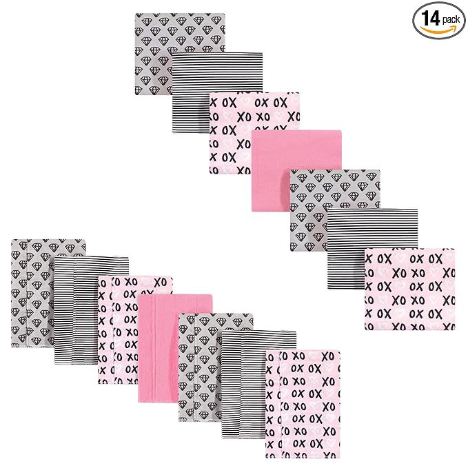 Hudson Baby Unisex Baby Cotton Flannel Burp Cloths and Receiving Blankets, 14-Piece, Xoxo, One Size