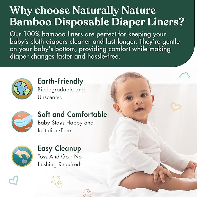 Naturally Nature Disposable Cloth Diaper Liners, Unscented, Fragrance-Free, Chlorine Free Diaper Inserts - 600 Count - (6 Rolls, 100 Sheets per Roll)