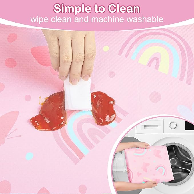 Basumee Splat Mat High Chair Mat Waterproof Baby Play Splat Mat for Under High Chair Food Catcher Highchair Mat for Floor Non Slip Bottom, Pink Rainbow, 46x42 Inches