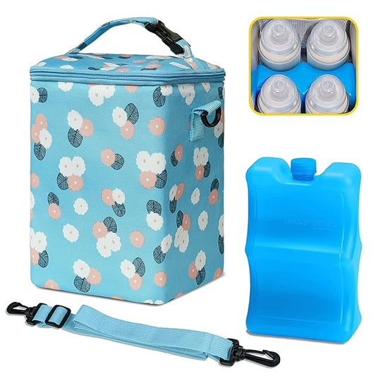 Breastmilk Cooler Bag with Ice Pack Fits 4 Baby Bottles Up to 9 Ounce Insulated Baby Bottle Bag Breast Milk Cooler on The Go with Strap Baby Bottle Cooler Bag for Nursing Mom Daycare or Travel