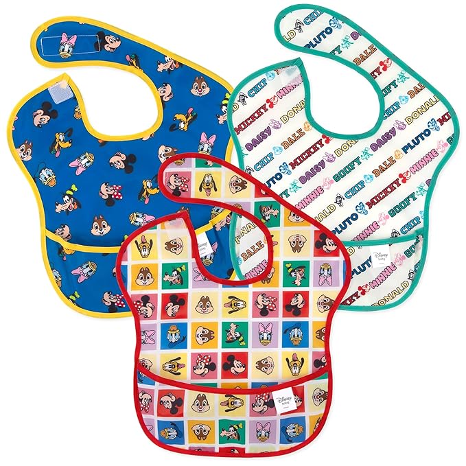 Bumkins Disney Bibs for Girl or Boy, SuperBib Baby and Toddler for 6-24 Months, Essential Must Have for Eating, Feeding, Baby Led Weaning, Mess Saving Waterproof Soft Fabric, 3-pk Mickey and Friends