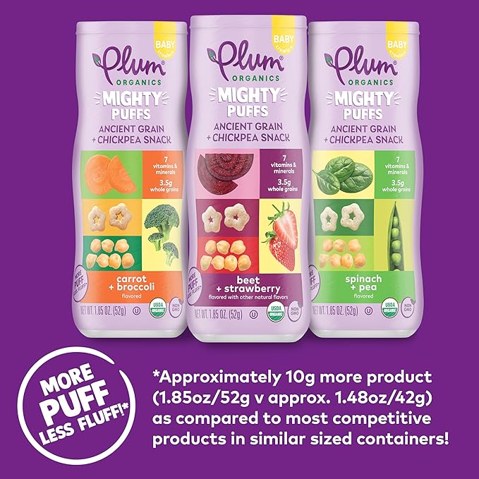 Plum Organics Mighty Puffs Snack For Babies - 12ct Bundle - Includes Beet & Strawberry (Pack of 6) and Carrot & Broccoli (Pack of 6) - Ancient Grain & Chickpea Snacks