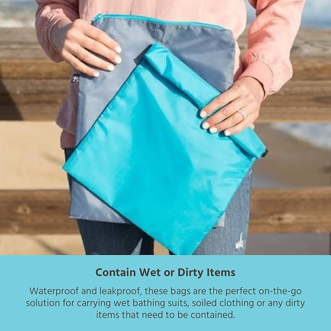 J.L. Childress Wet-to-Go Portable Wet and Dry Bags, Waterproof and Leakproof, Machine-Washable, Reusable for Cloth Diapers, Wet Clothes, Swimsuits, and more. 2 Pack, Teal/Grey