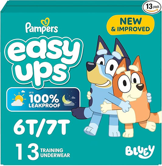 Easy Ups Girls & Boys Potty Training Pants, Size 6T-7T, 13 Count, Bluey Absorbent Training Underwear, Up to 100% Leakproof Day and Night, Hypoallergenic (Packaging May Vary)