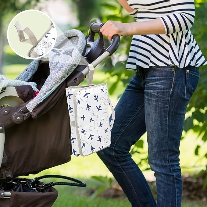 Blue Airplanes Portable Diaper Changing Pad with Wipes Holder, Air Plane Transportation Paw Foldable Baby Diaper Changer Travel Bag White Baby Changing Mat with Built-in Pillow for Newborn