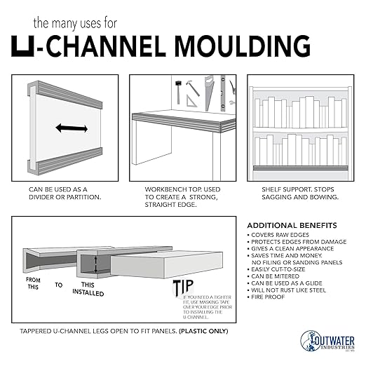 Outwater Plastics Gloss Black 1/2'' Rigid PVC UV Treated Plastic U-Channel/C-Channel 36 Inch Lengths (Pack of 4)
