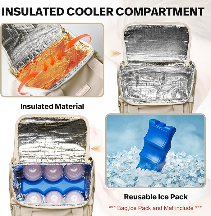 Wearable Breast Pump Bag,Breastmilk Cooler Travel Bag Compatible with Momcozy/Eufy/Elvie/Willow/Medela Breast Pump with Ice Pack and Water Resistent Mat for 6 Baby Bottles Up to 9 Ounce,Khaki