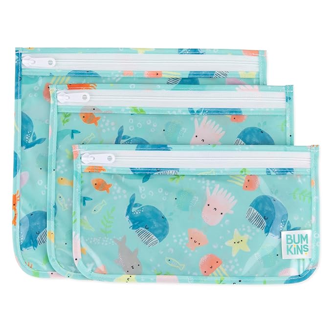 Bumkins 3-Piece TSA Approved Clear Travel Bags and Waterproof Wet Bag for Baby Diapers, Swimsuits, Toiletries, Accessories, Ocean Life Blue