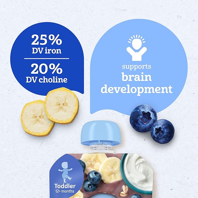 Gerber Toddler Food, Baby Food Pouches for Toddlers, Banana Blueberry, Fruit Puree, Yogurt & Whole Grains, Iron & Choline Helps Support Brain Development, No Artificial Flavors 3.5oz each (Pack of 12)