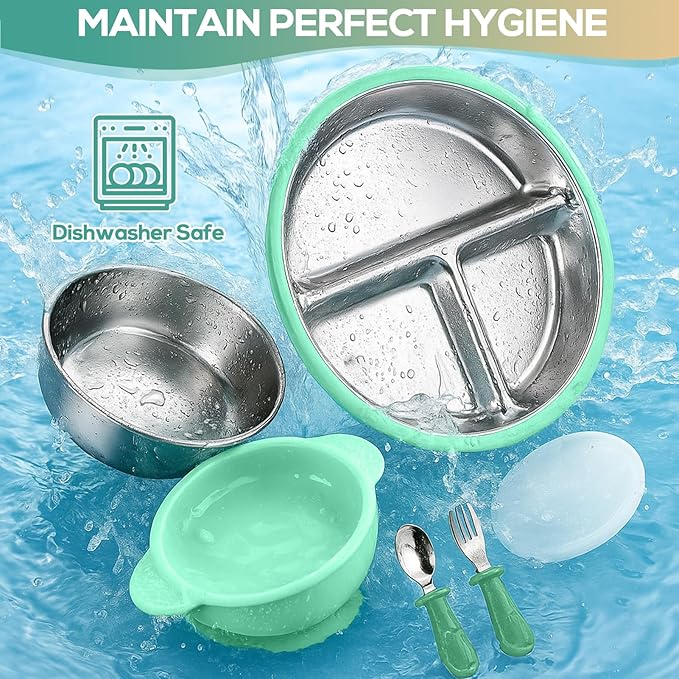 Mity rain Stainless Steel & Silicone Toddler Plates and Bowls Set with Suction,5-Piece Suction Plates & Bowls for Toddler,Removable Shell,Silicones Baby Plates for Independent Eating(Light Green)