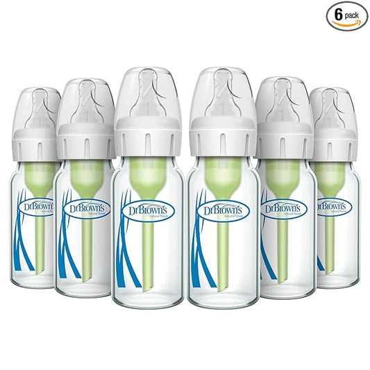 Dr. Brown's Anti-Colic Options+ Narrow Glass Baby Bottle 4 oz/120 mL with Level 1 Slow Flow Nipple, 2-Pack and 4-Pack, 0m+