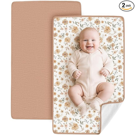 Konssy 2 Pack Waterproof Muslin Cotton Portable Changing Pad 30"x 17", Soft & Foldable Baby Changing Mat Travel Pad with Terry Backing, Shower Gift for Newborn Girls Boys (Toffee,Flourish)