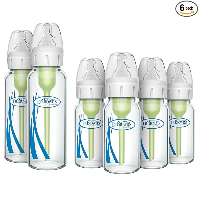 Dr. Brown's Anti-Colic Options + Narrow Glass Baby Bottle with Level 1 Slow Flow Nipple, BPA-Free, 0m+, 4 oz/120mL, 4-Pack + 8oz/250mL, 2-Pack