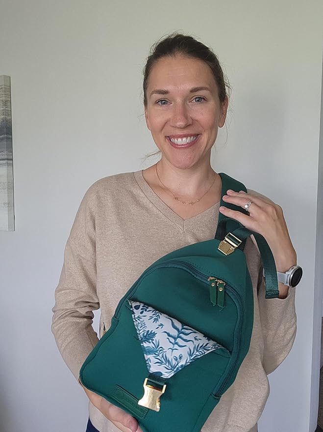 Sarah Wells Allie Sling Pump Bag – Fits All Wearable Cup Pumps & Portable Pumps – Machine Washable Neoprene Crossbody with Insulated Pocket, Water Bottle Holder & Hands-Free Design (Forest Green)