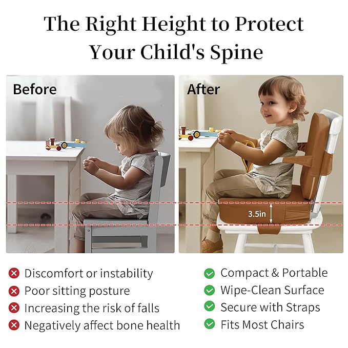 Eiury Toddler Booster Seat for Dining Table – Non-Slip PU Waterproof Cushion with Backrest & Adjustable Straps, Portable Baby Booster Seat (Brown)