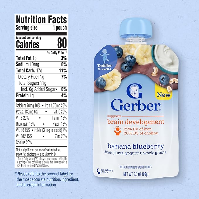 Gerber Toddler Food, Baby Food Pouches for Toddlers, Banana Blueberry, Fruit Puree, Yogurt & Whole Grains, Iron & Choline Helps Support Brain Development, No Artificial Flavors 3.5oz each (Pack of 12)