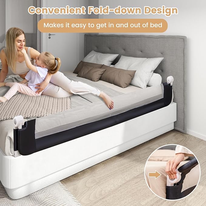 HONEY JOY Bed Rail for Toddlers, Extra Long, Foldable Portable Swing Down Safety Bed Guard Rail, Toddler Bed Rails for Crib, King Queen Full Twin Size Bed Mattress (Gray, 2 Pack, 71 Inch)