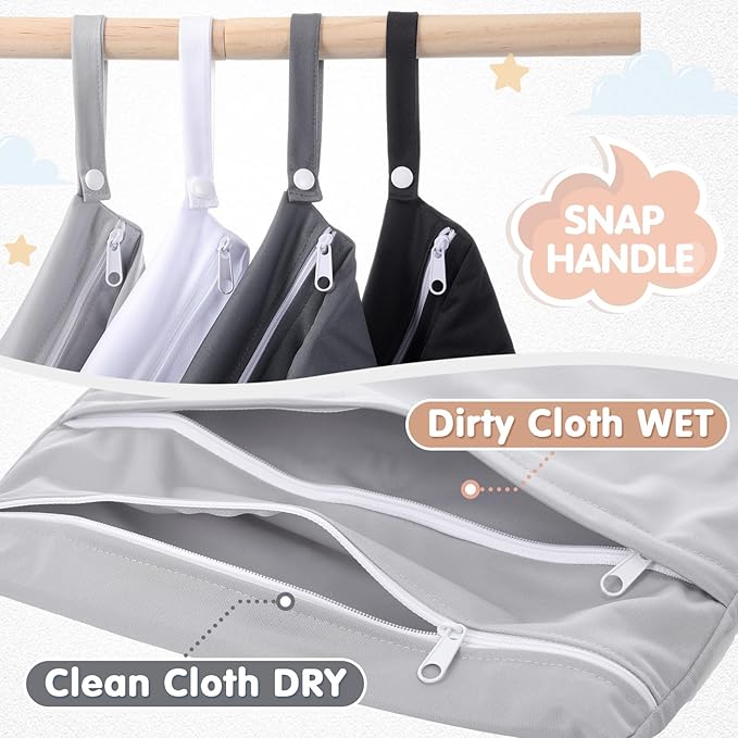 SATINIOR 4 Pack Wet Dry Bags for Baby Cloth Diapers 12x14 Washable Travel Swimsuit Wet Bags Reusable with Two Zippered Pockets for Yoga Gym Swimsuits Travel Beach Pool Soiled Items(Basic Color)