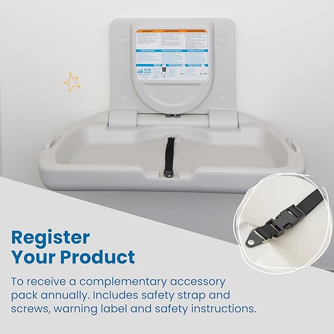 ECR4Kids Horizontal Wall-Mounted Changing Station with Slim Back, Baby Changer, White Granite