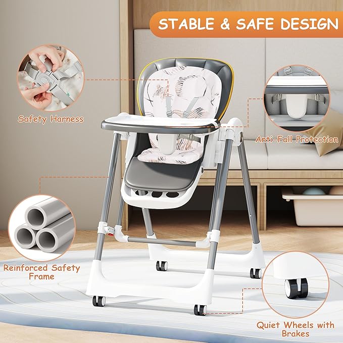High Chairs for Babies and Toddlers, Foldable High Chair with Lockable Wheels, 4-in-1 Convertible, Adjustable Reclining Seat with Leg Rest & 5-Point Harness, Soft Cushion, Portable When Folded, Gray