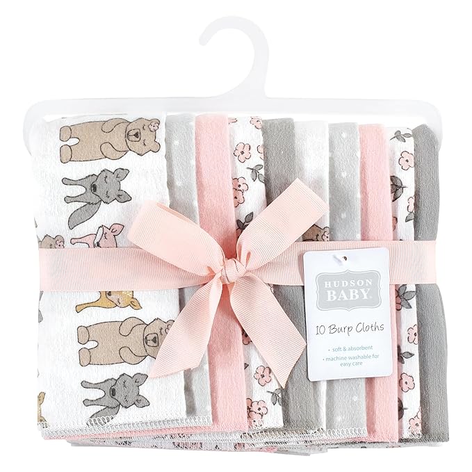 Hudson Baby Unisex Baby Cotton Flannel Burp Cloths 10-Pack, Wild Forest Pink, One Size