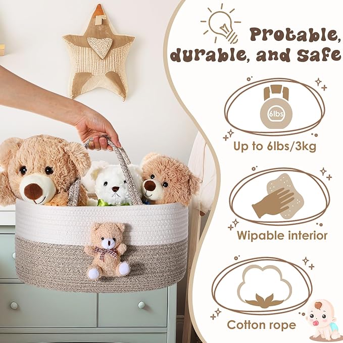 FoldTier Bear Diaper Caddy Organizer Cart Storage for Nursery with Handle, Bear Baby Shower Basket Gift Bath Caddy for Diapers and Baby Wipes, Basket for Nursery(Gray White)