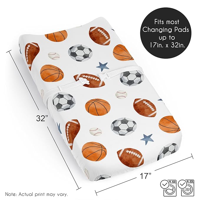 Sweet Jojo Designs Baby Changing Pad Cover Sheet (Sports Theme) for Boys, Infant/Newborn Diaper Change Table Mat Covers (Watercolor, Vintage Sport Themed, Soccer Balls, Football, Baseball, Basketball)