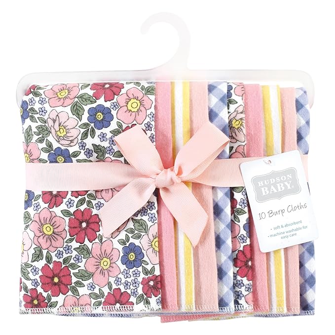 Hudson Baby Unisex Baby Cotton Flannel Burp Cloths, Pink Blue Pretty Floral 10 Pack, One Size
