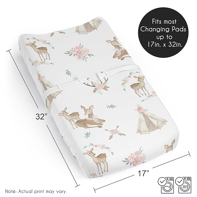 Sweet Jojo Designs Baby Changing Pad Cover Sheet (Woodland Deer Floral) for Girls, Infant/Newborn Diaper Change Table Mat Covers (Boho, Watercolor, Bohemian, Forest Animal, Shabby Chic, Flowers, Pink)
