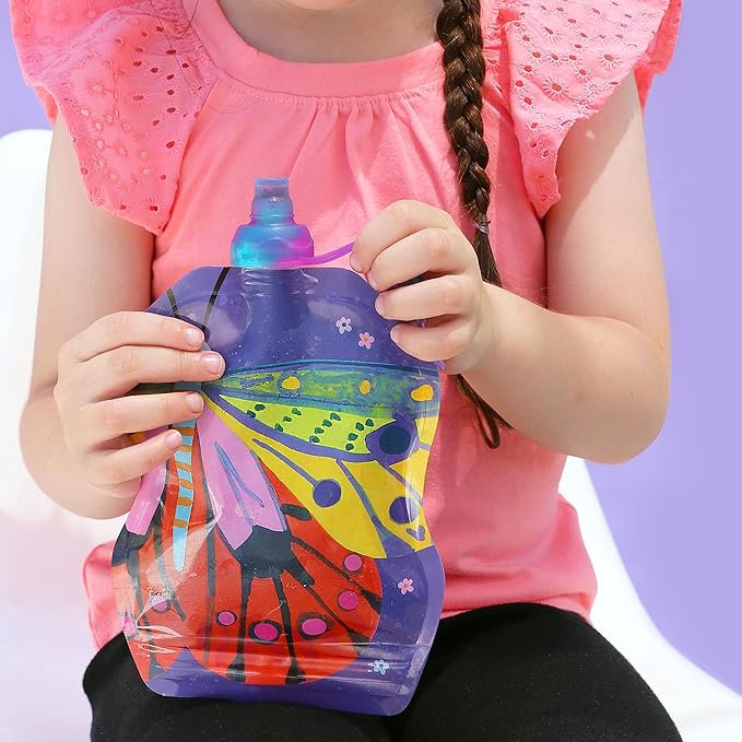 ChooMee Reusable Baby Food Storage Pouches | BPA Free Leakproof Toddler Squeeze Pouch for Smoothies, Purees & Baby Food | Refillable, Double Zipper, Easy Clean, Wide Bottom | 6CT, 8oz FlutterBug