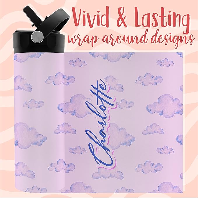 Personalized Water Bottle for Kids - 20 oz - 15 Design Options, Custom Water Bottle for Children - End of School Year Gifts, Pink Clouds