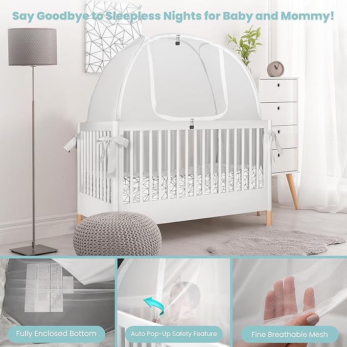 Crib Tent to Keep Baby from Climbing Out – Breathable Pop-Up Crib Net to Keep Baby in, Anti-Climb Safety Cover with Auto-Lock Zipper, Easy Install Fits Standard Cribs