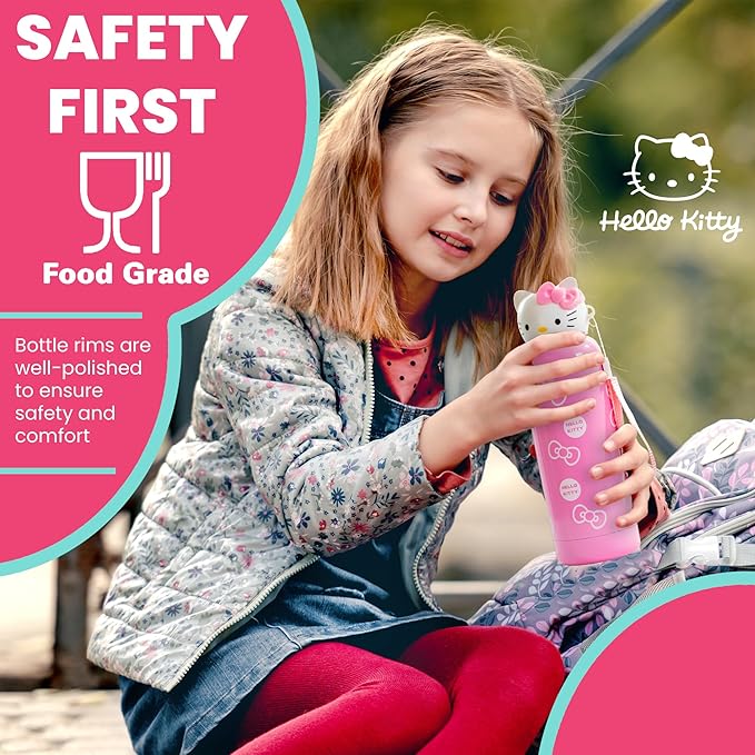Hello Kitty 400 ml Insulated Water Bottle for Kids – Stainless Steel with 6-12h Heat Preservation with Sanrio Keychain (Pink)