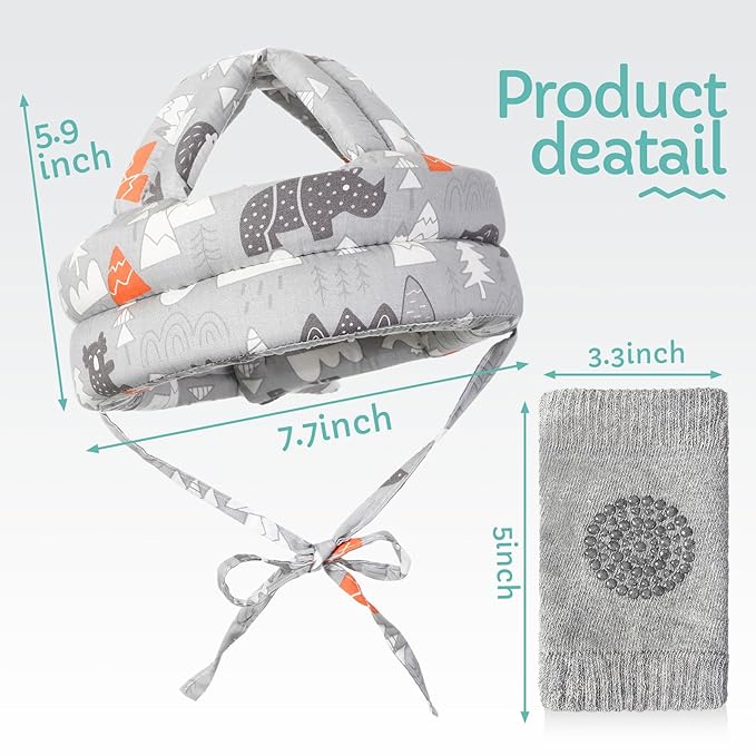 Geyoga 2 Pack Baby Head Protector with 2 Pair Toddler Knee Pads Baby Helmet for Crawling Walking Adjustable Soft Safety Headguard Toddler Protective Cap 6-12 Months 1-2 Years Old(Forest)