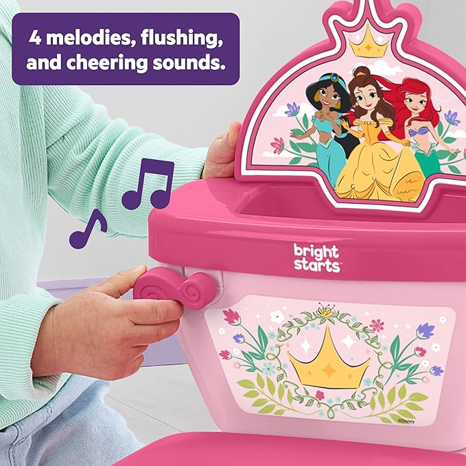 Bright Starts Disney Junior Princess My Size Potty Training Toilet, Toddler Potty Chair with Flushing & Cheering Sounds, Removable Seat with Splash Guard & Handles, Ages 18+ Months, Up to 50 lbs