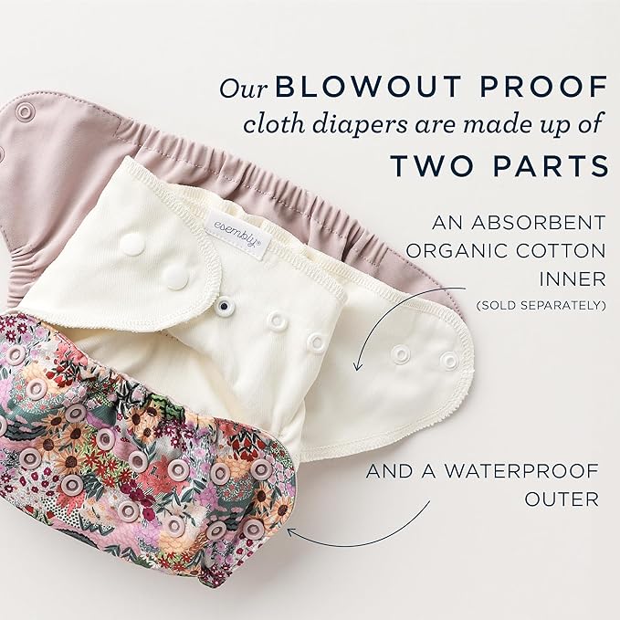Esembly Cloth Diaper Cover - Reusable Swim Diaper, Waterproof, Breathable - Adjustable Outer Layer Over Absorbent Inner for Blowout Protection - Buds, Size 1 (7-17 lbs)