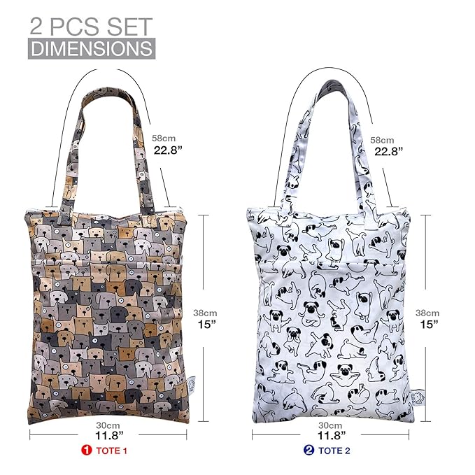 FLOCK THREE 2pcs Wet Dry Bag Waterproof Tote Reusable Wet Clothes Baby Diapers Stroller Swimsuit Travel Small Larger Electronics Toiletries Pouch Cute Dogs