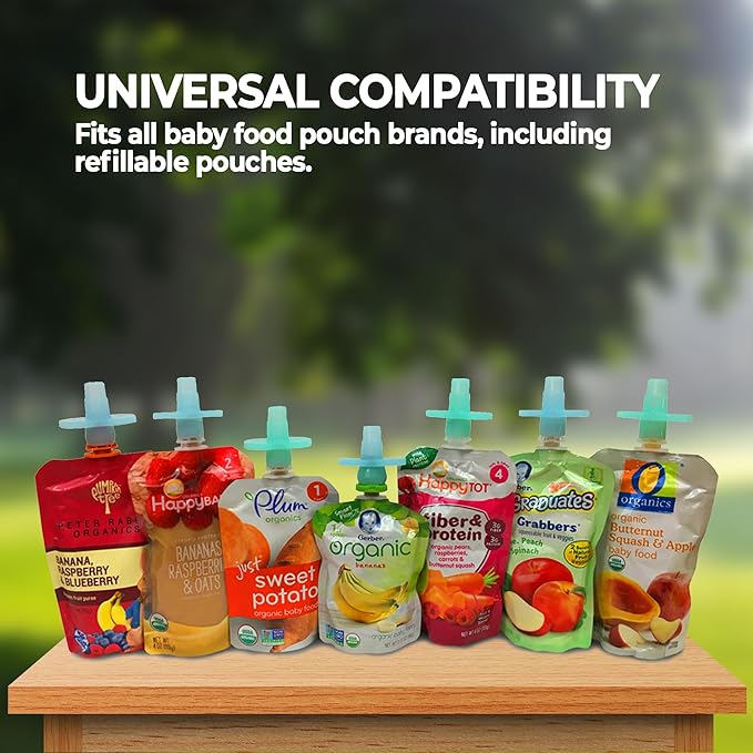 Soft Sip Baby Food Pouch Toppers - 100% Silicone, Dishwasher-Friendly and Mess-Free Feeding for Babies 6 Months+, Universal Fit for All Brands, Ideal for Chunky Meals, and Travel - Aqua Blue, 4 Packs