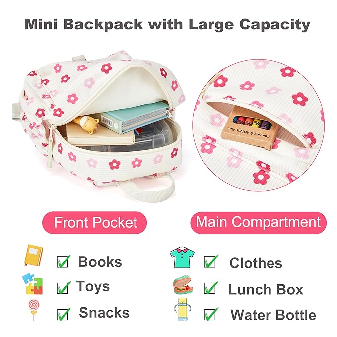 Corduroy Toddler Backpack with Detachable Leash and Anti-Lost Wrist Link, Safety Harness Walking Backpack for Toddler Boys Girls 1-3, Cute Floral Travel Backpack with Leash for Kids