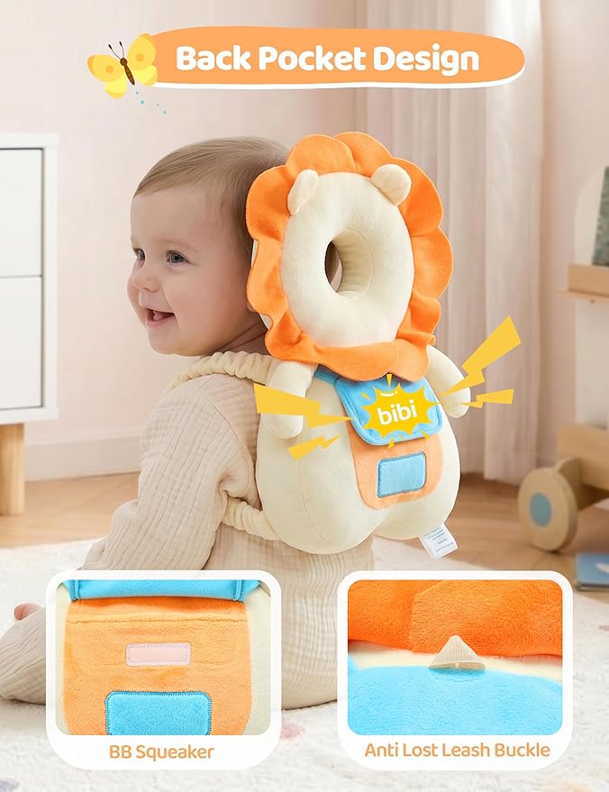 JunNeng Baby Head Protector Backpack with Squeaker, Knee Pads, Anti-Slip Socks, Yellow Lion Sets