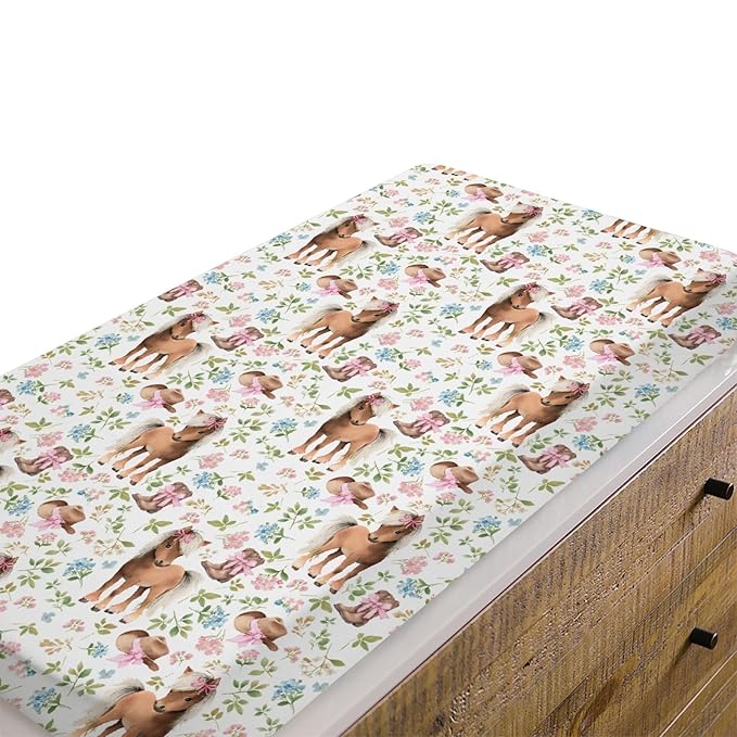Baby Girls Changing Pad Covers Western Cowgirl Pony Floral, Horse Pink Flower Hat Boot Safe Snug Fitted Diaper Table Sheet, Soft Breathable Stretchy Change Mat Shower Gift Fit 32 34 x 16