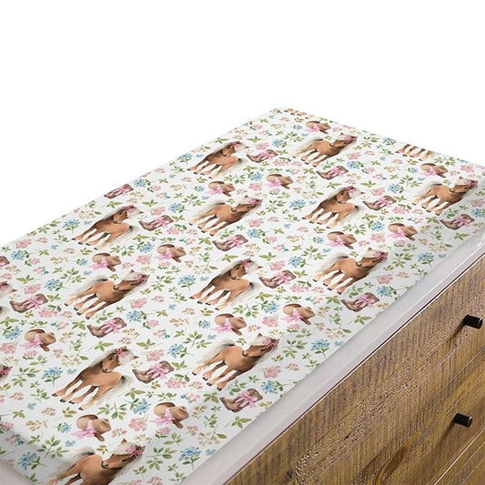Baby Girls Changing Pad Covers Western Cowgirl Pony Floral, Horse Pink Flower Hat Boot Safe Snug Fitted Diaper Table Sheet, Soft Breathable Stretchy Change Mat Shower Gift Fit 32 34 x 16