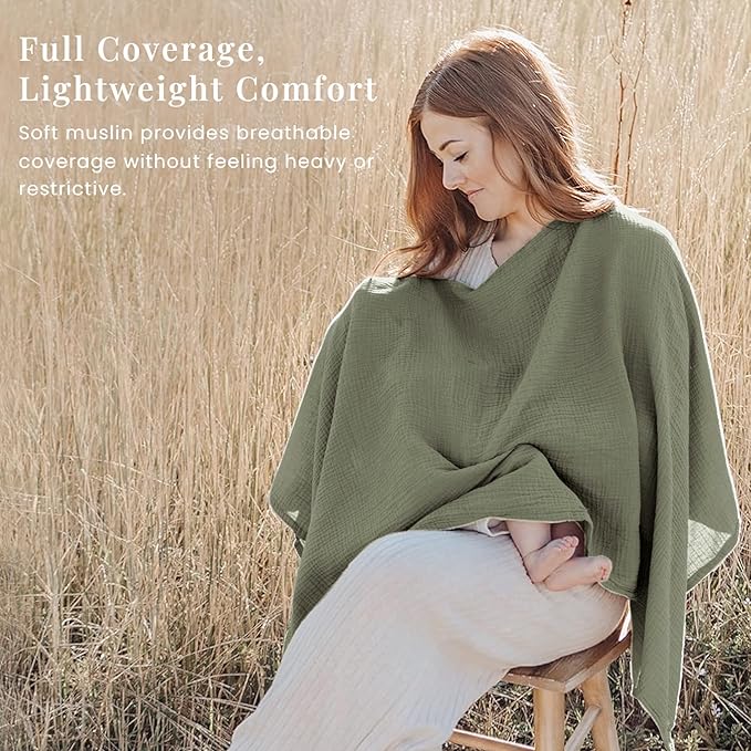 Konssy Muslin Nursing Cover for Breastfeeding, 360° Full Privacy Breathable 100% Cotton Breastfeeding Cover, Multi-use Carseat Canopy(Fog Green)