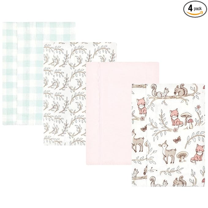Hudson Baby Unisex Baby Cotton Flannel Burp Cloths 4-Pack, Girl Woodland Pals, One Size