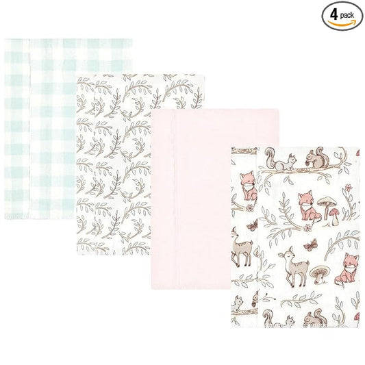 Hudson Baby Unisex Baby Cotton Flannel Burp Cloths 4-Pack, Girl Woodland Pals, One Size