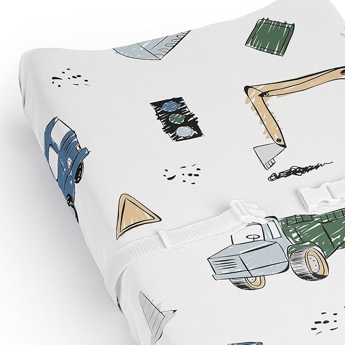 Sweet Jojo Designs Baby Changing Pad Cover Sheet (Construction Truck) for Boys, Infant/Newborn Diaper Change Table Mat Covers (Green and Blue, Transportation Zone, Vehicles, Bulldozer, Tractor, Crane)