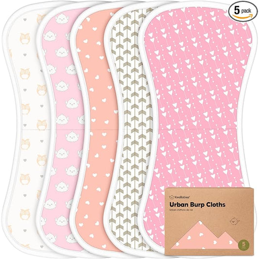 Organic Burp Cloths Baby Boy & Girl - 5-Pack Super Absorbent Cotton Burping Cloths for Babies, Soft & Plush Newborn Spit Up Rags, Infant Towels for Milk Spit Up, Unisex, Large 21" x 10" (Pink Dreams)