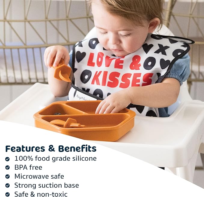 Tiny Twinkle Silicone Suction Baby Plate, Suction Grip Divided Dish for First Foods and Self-Feeding Toddlers, Baby Led Weaning Supplies for Independent Eating (Cinnamon Plate)