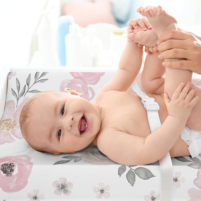 Sweet Jojo Designs Baby Changing Pad Cover Sheet (Pink/Grey Boho Floral) for Girls, Infant/Newborn Diaper Table Change Mat Covers (Blush, Rose, Gray, Flower, Bohemian, Farmhouse, Wildflower, Elegant)